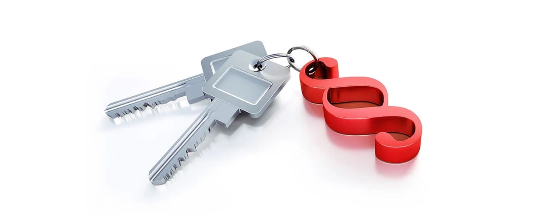 Three silver keys on a keyring with a red paragraph/section (§) symbol keychain on a white background.