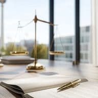 Ultra-photorealistic modern office interior in Berlin, high-end corporate real estate style. Clean, minimalist workspace with premium materials. Foreground: light natural wood or stone desk, neatly aligned legal documents on matte white paper, high-quality pen, very subtle, small brass balance scale placed naturally to the side (not symbolic, not centered). Background: large floor-to-ceiling windows with a realistic view over Berlin, Fernsehturm visible in the distance, modern buildings and greenery, true-to-life city scale. Lighting: natural daylight with soft sun rays entering directly into the office, bright, airy, clean atmosphere, no dramatic contrast, no cinematic lighting, realistic shadows and reflections. Color palette: white, off-white, light grey, natural wood tones, very subtle brass accents. Mood: premium, calm, confident, structured, trustworthy German real estate advisory aesthetic. Camera: professional architectural photography, eye-level perspective, 35-50mm lens look, natural depth of field, realistic focus and textures. Style references: Engel & Völkers corporate imagery, premium European real estate branding, modern German business photography. No people. No text. No logos. No illustration, no CGI, no surreal elements. Looks like a real photograph shot for a corporate website hero image.