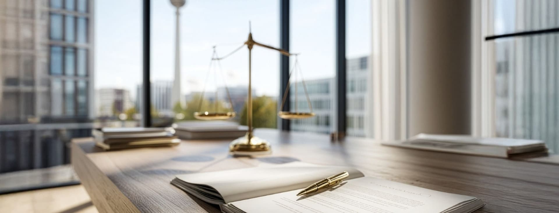 Ultra-photorealistic modern office interior in Berlin, high-end corporate real estate style. Clean, minimalist workspace with premium materials. Foreground: light natural wood or stone desk, neatly aligned legal documents on matte white paper, high-quality pen, very subtle, small brass balance scale placed naturally to the side (not symbolic, not centered). Background: large floor-to-ceiling windows with a realistic view over Berlin, television tower visible in the distance, modern buildings and greenery, true-to-life city scale. Lighting: natural daylight with soft sun rays entering directly into the office, bright, airy, clean atmosphere, no dramatic contrast, no cinematic lighting, realistic shadows and reflections. Color palette: white, off-white, light gray, natural wood tones, very subtle brass accents. Mood: premium, calm, confident, structured, trustworthy German real estate advisory aesthetic. Camera: professional architectural photography, eye-level perspective, 35-50mm lens look, natural depth of field, realistic focus and textures.