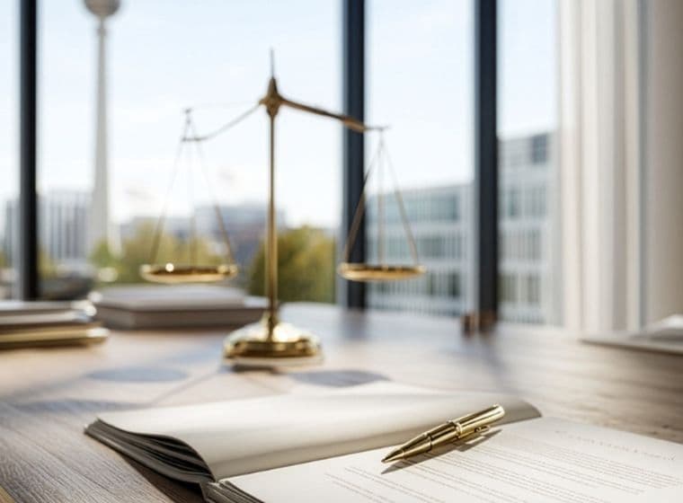 Ultra-photorealistic modern office interior in Berlin, high-end corporate real estate style. Clean, minimalist workspace with premium materials. Foreground: light natural wood or stone desk, neatly aligned legal documents on matte white paper, high-quality pen, very subtle, small brass balance scale placed naturally to the side (not symbolic, not centered). Background: large floor-to-ceiling windows with a realistic view over Berlin, television tower visible in the distance, modern buildings and greenery, true-to-life city scale. Lighting: natural daylight with soft sun rays entering directly into the office, bright, airy, clean atmosphere, no dramatic contrast, no cinematic lighting, realistic shadows and reflections. Color palette: white, off-white, light gray, natural wood tones, very subtle brass accents. Mood: premium, calm, confident, structured, trustworthy German real estate advisory aesthetic. Camera: professional architectural photography, eye-level perspective, 35-50mm lens look, natural depth of field, realistic focus and textures.