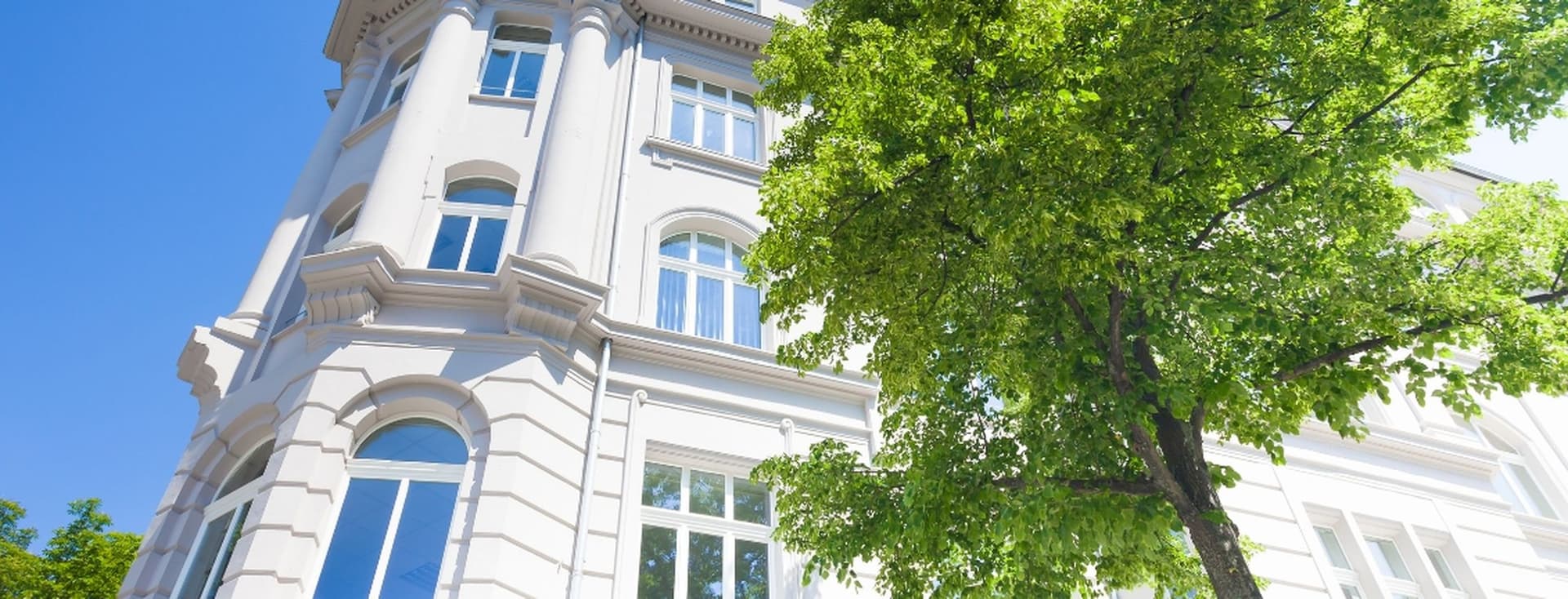 Low-angle view of a white historic building with arched windows and decorative facade, framed by a leafy green tree and bright blue sky.