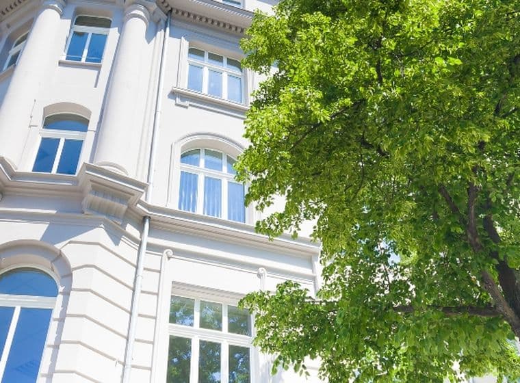 Low-angle view of a white historic building with arched windows and decorative facade, framed by a leafy green tree and bright blue sky.