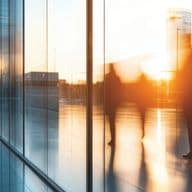 Blurred silhouettes of people walking in a modern glass building at sunset, with reflections on the floor and windows.