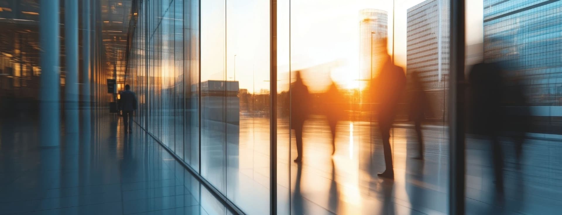 Blurred silhouettes of people walking in a modern glass building at sunset, with reflections on the floor and windows.