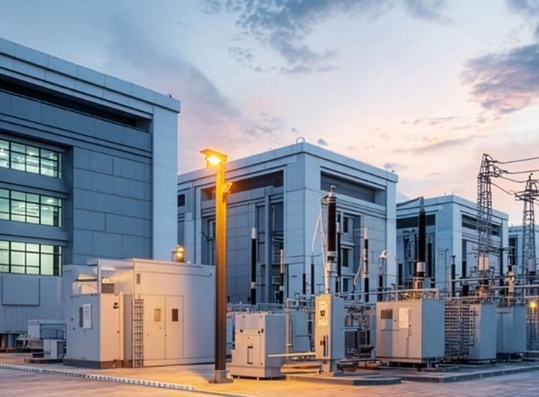 Modern electrical substation with large buildings and numerous power lines at dusk, under a partly cloudy sky.