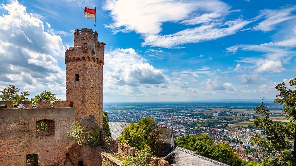 View from the historic Auerbach Castle ruins across the town of Bensheim and the Upper Rhine Plain on a clear day
