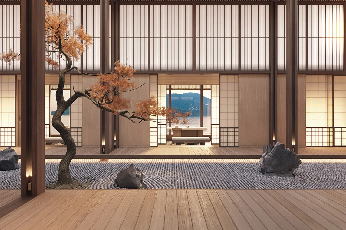 Japanese-style interior with wooden beams and shoji screens, a twisted autumn-orange pine in a raked gravel Zen garden with rocks, framing a view of water and distant mountains.