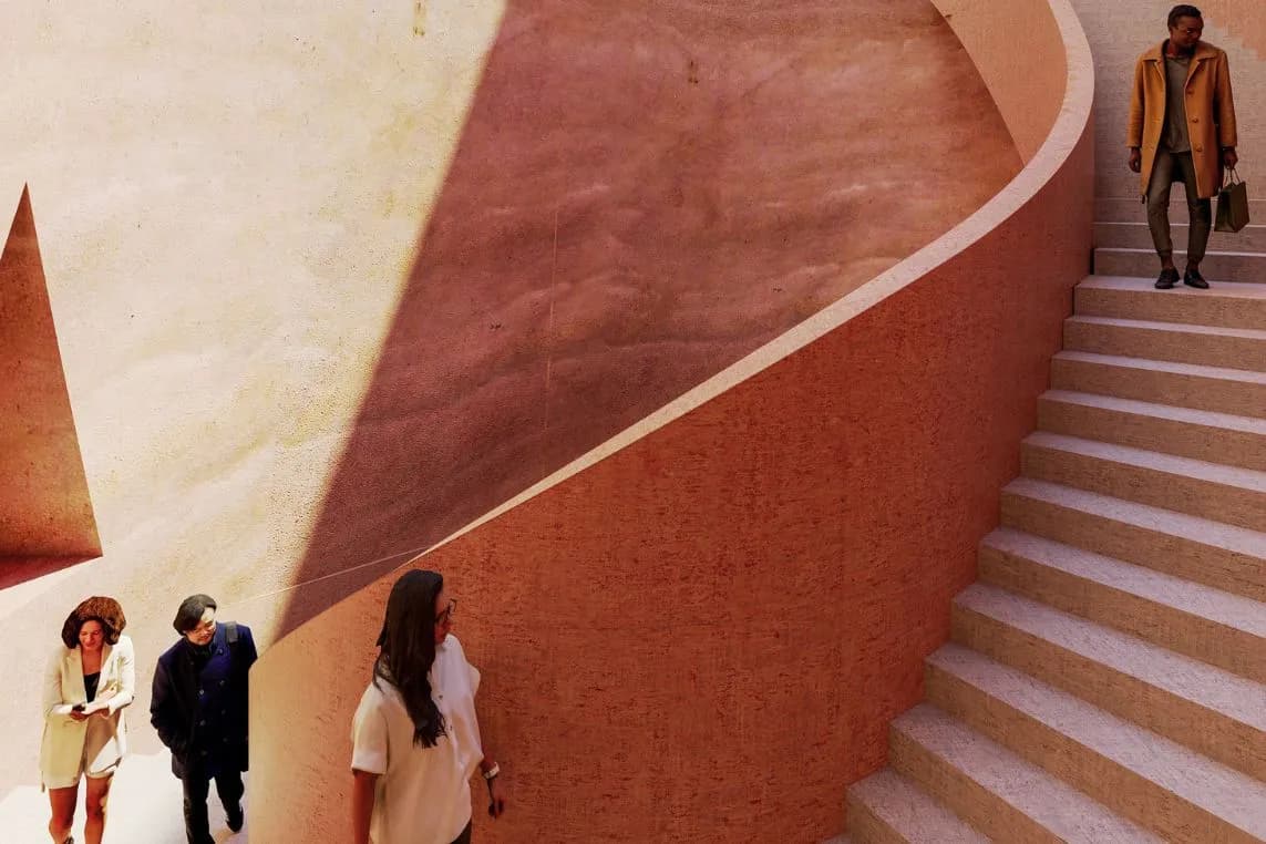 A wide, curved staircase with terracotta-orange walls; several people are walking up the steps, including a man in a camel-coloured coat at the top right.