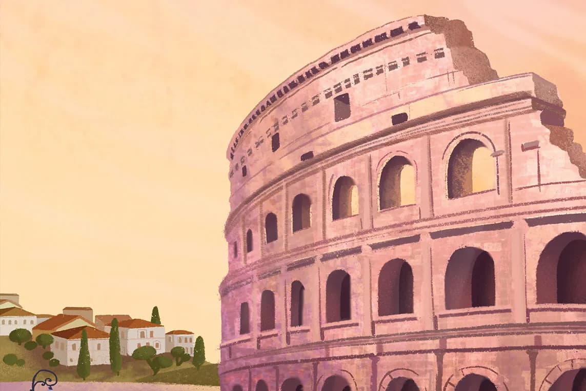 Illustration of the Colosseum at sunset with arched windows, beside a small village of houses and trees.