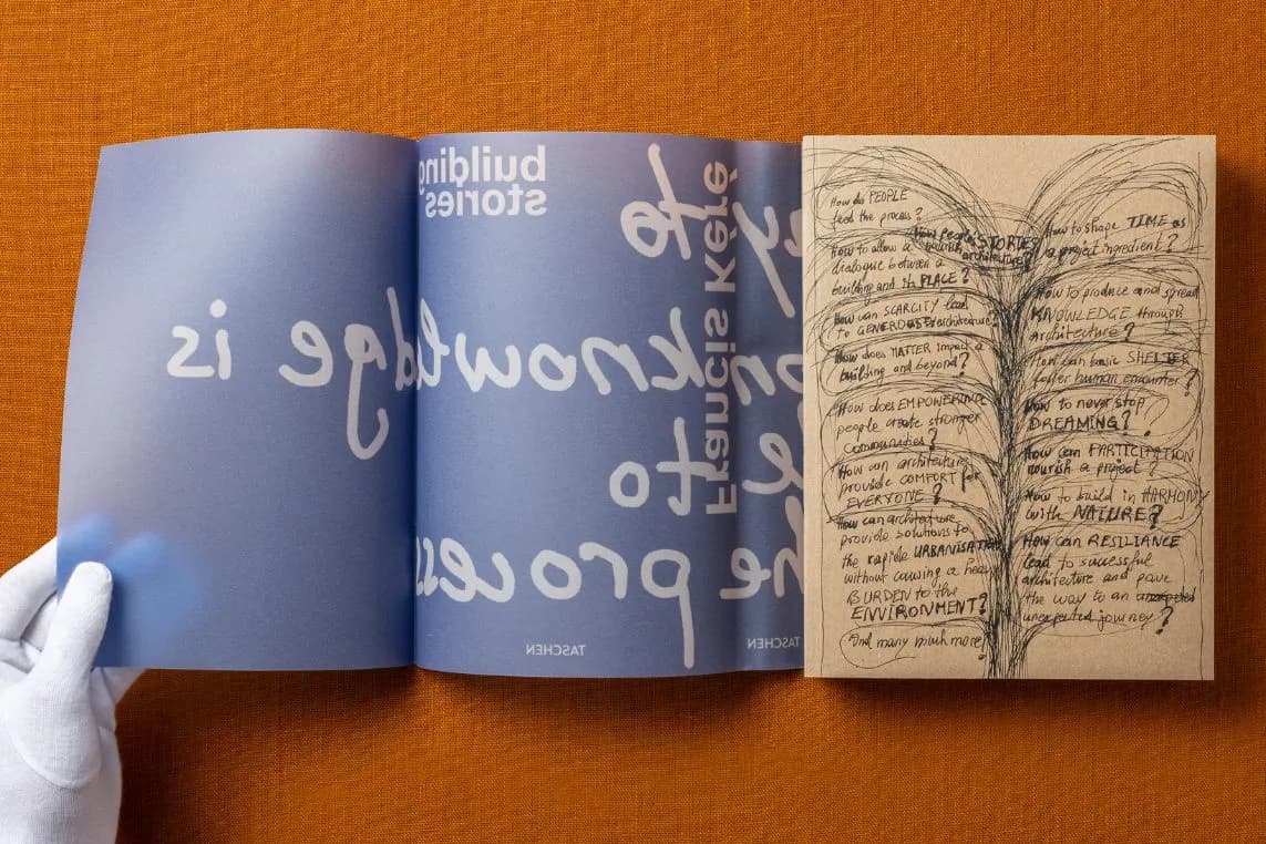 A hand in a glove is leafing through a blue book with text in bold white type; an orange piece of fabric can be seen in the background. A beige notebook on the right-hand side features a hand-drawn tree with questions on it.