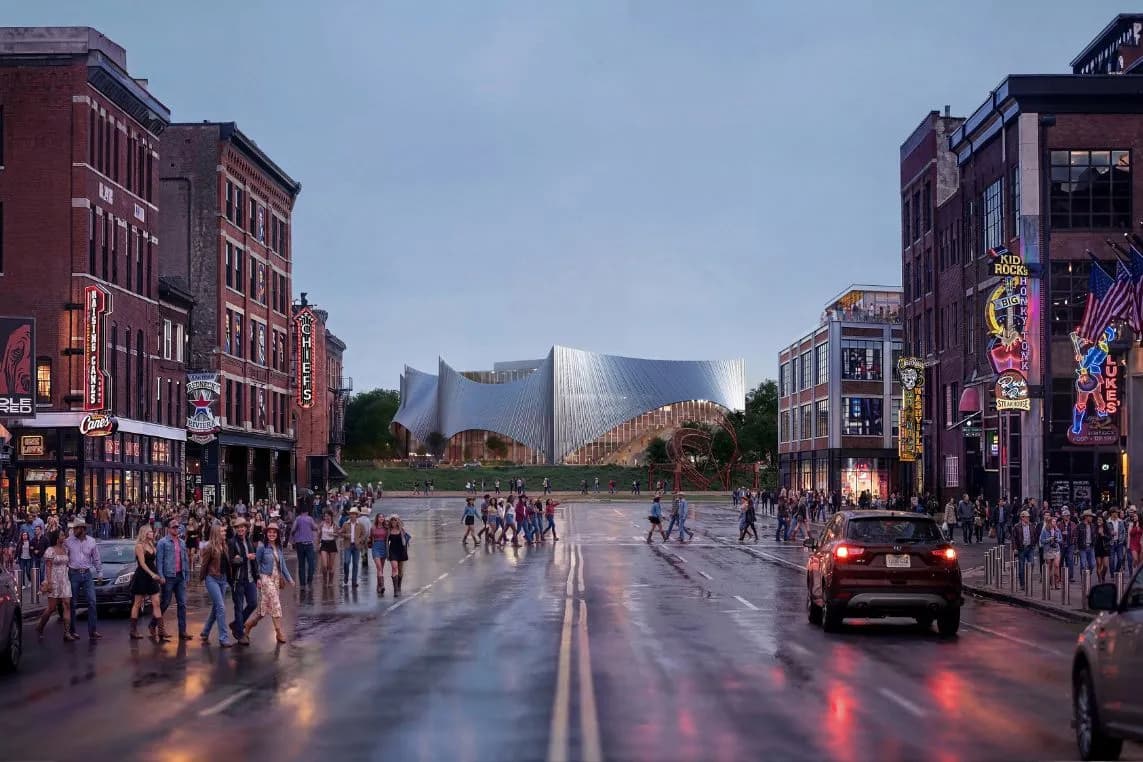Crowded city street at dusk after rain; people cross a wet avenue beside brick buildings with neon signs and a futuristic white pavilion in distance. AI-generated image