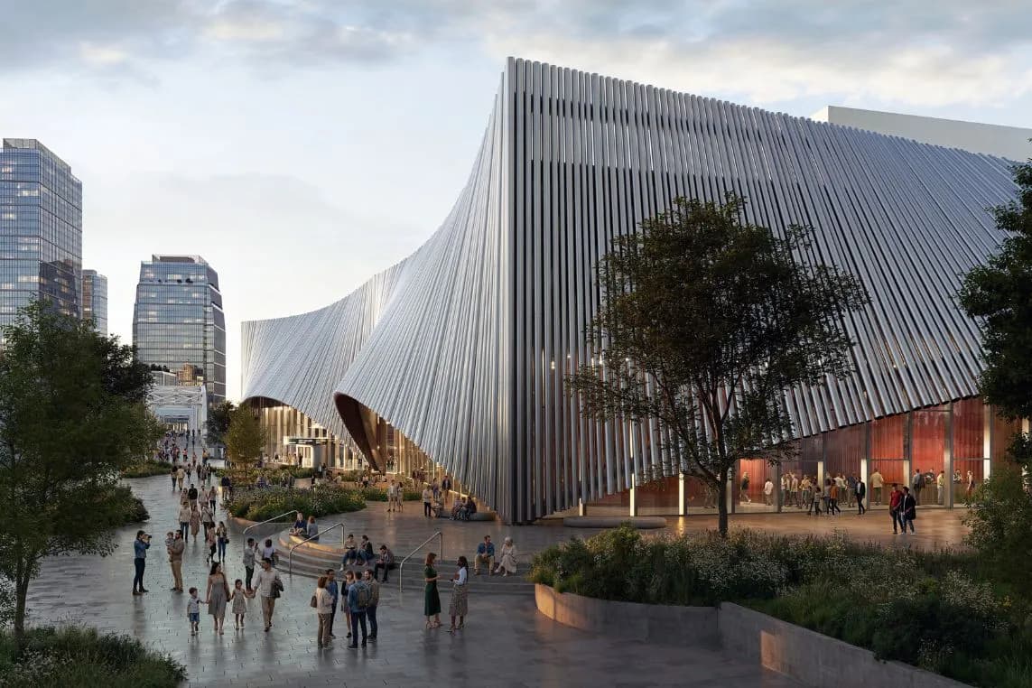 A futuristic, wave-like metal pavilion with vertical slats, set in a plaza with people, trees, and a city skyline. AI-generated image