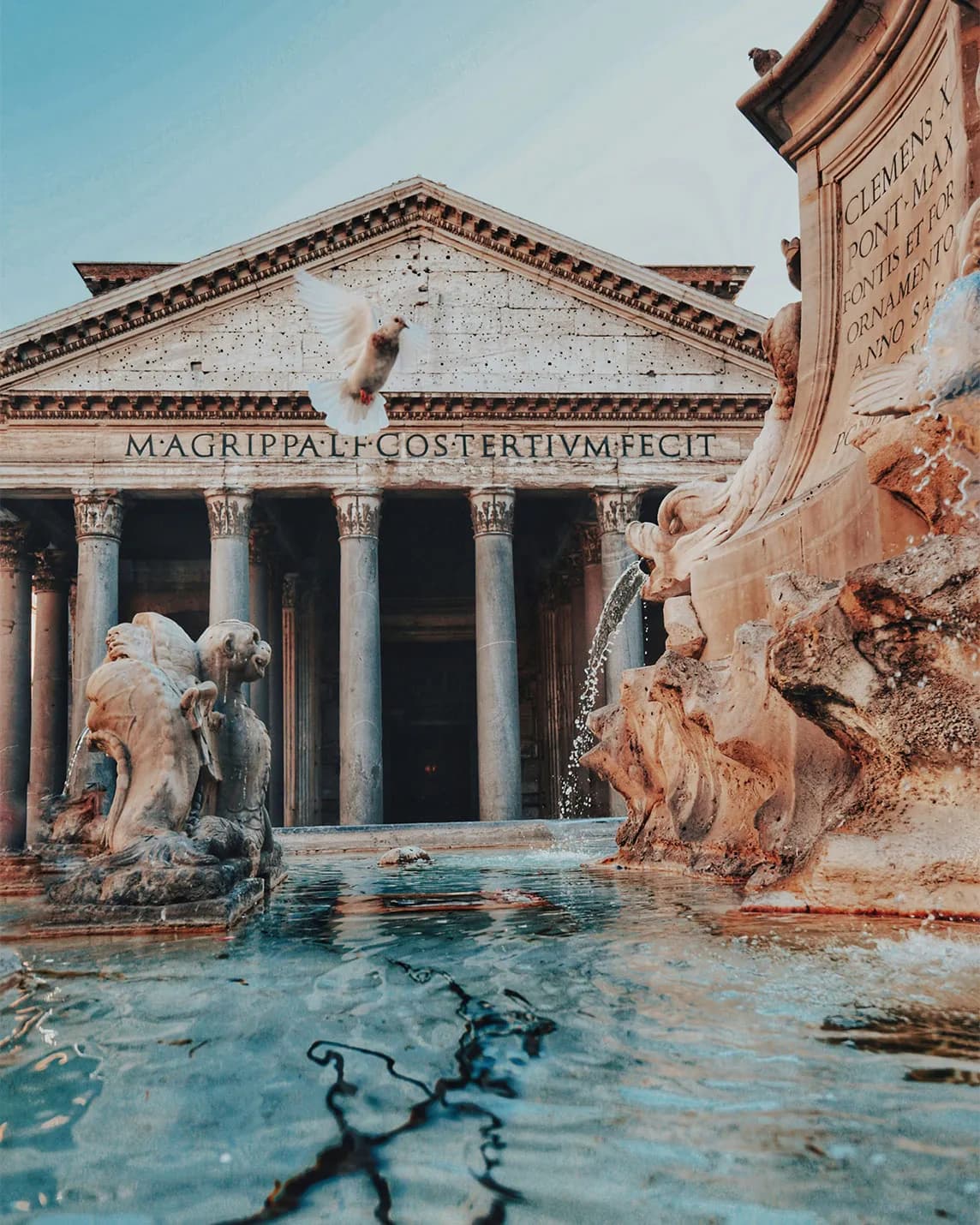 The Pantheon in Rome, with its marble columns and triangular pediment, can be seen behind an ornate fountain; a white dove flies across the bright blue sky.