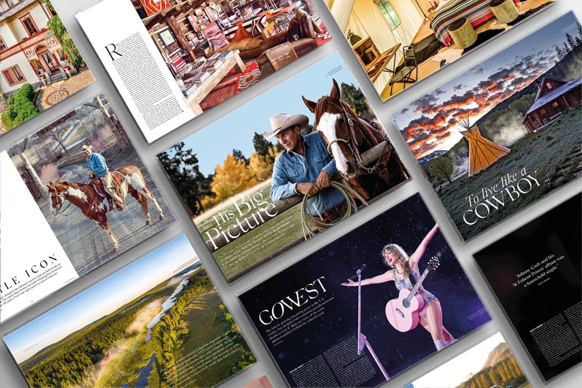 A collection of magazine pages featuring cowboys, horses, and country-themed images. Taylor Swift is also featured on one of the pages.