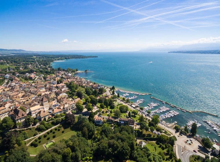 Aerial view of Nyon old city and waterfront in SwitzerlandAerial view of Nyon old city and waterfront in Switzerland