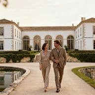 A couple walks arm-in-arm on a path leading to a grand estate, surrounded by a moat and greenery, under a soft, golden sunset.
