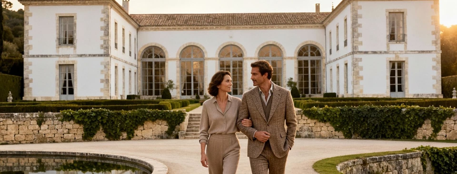 A couple walks arm-in-arm on a path leading to a grand estate, surrounded by a moat and greenery, under a soft, golden sunset.