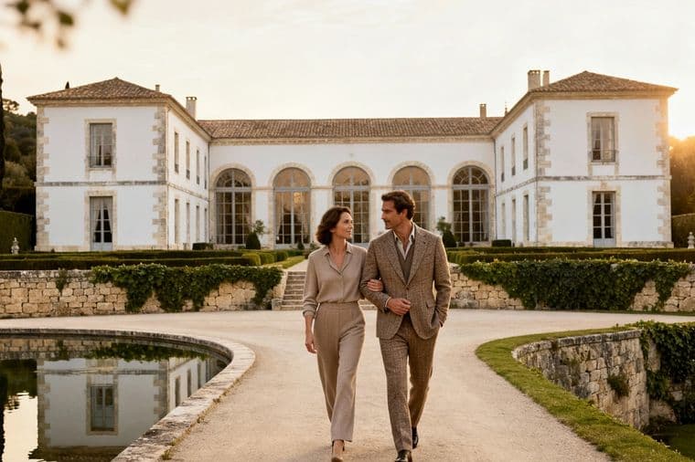 A couple walks arm-in-arm on a path leading to a grand estate, surrounded by a moat and greenery, under a soft, golden sunset.