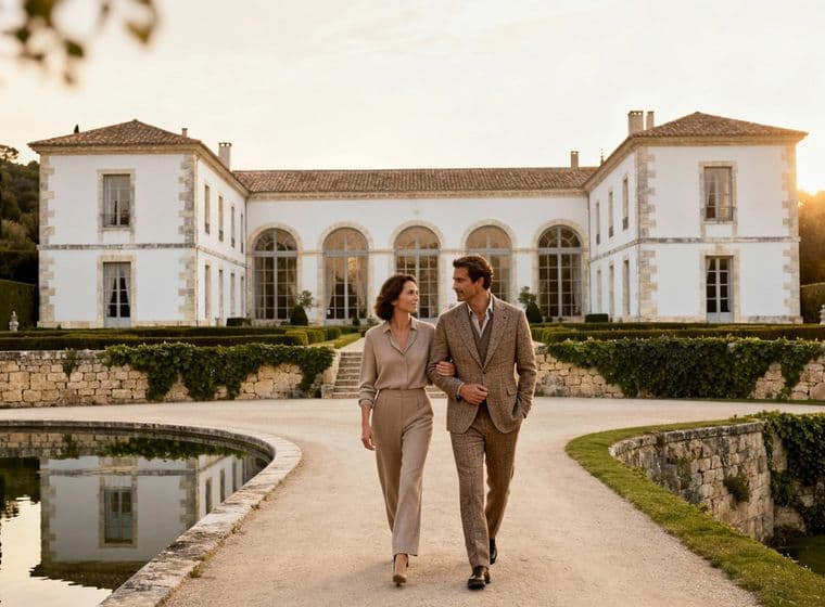 A couple walks arm-in-arm on a path leading to a grand estate, surrounded by a moat and greenery, under a soft, golden sunset.