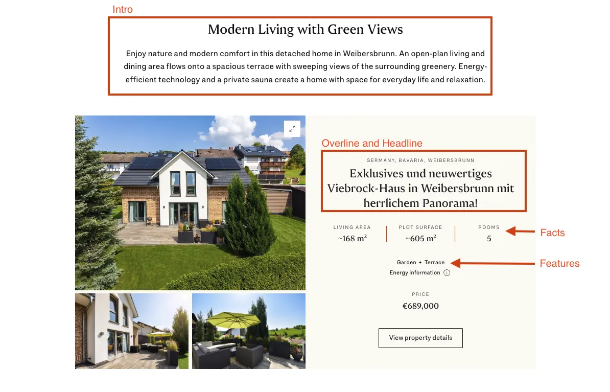 Real estate listing: modern brick-and-white detached house with solar panels and a lush garden; right panel lists size, rooms, and price.