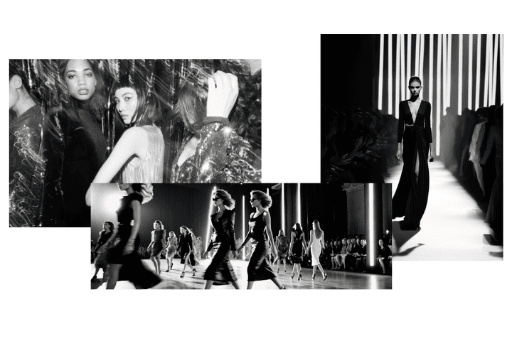 Black and white collage of fashion models on the runway and backstage, showcasing elegant outfits and dynamic poses.