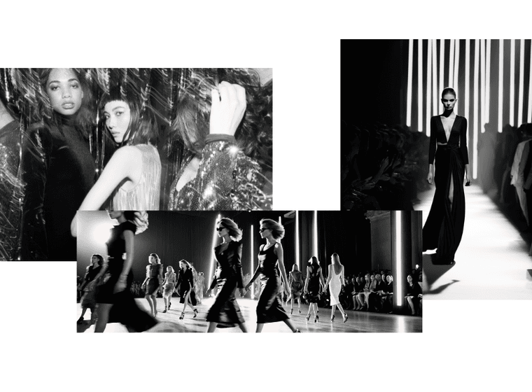 Black and white collage of fashion models on the runway and backstage, showcasing elegant outfits and dynamic poses.