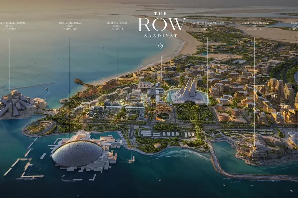 Aerial view of a coastal city with modern architecture, domed structures, and lush greenery on Saadiyat Island, Abu Dhabi.