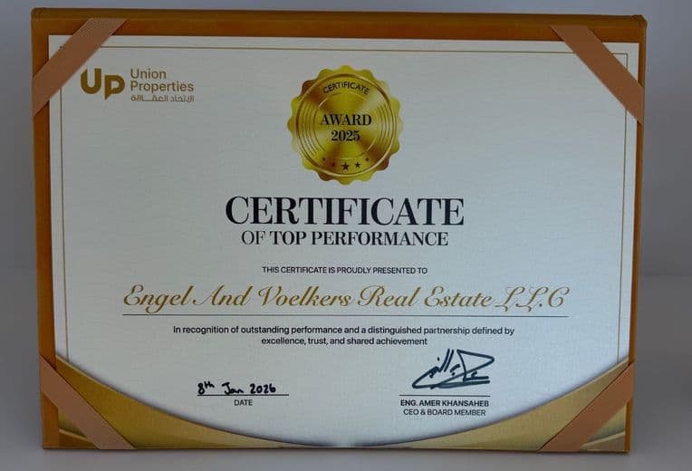 Certificate of top performance awarded to Engel & Volkers by Union Properties in January 2026