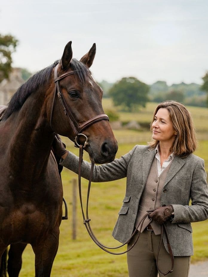 A woman in a riding outfit stands beside a dark brown horse in a scenic countryside with trees and a building in the background.