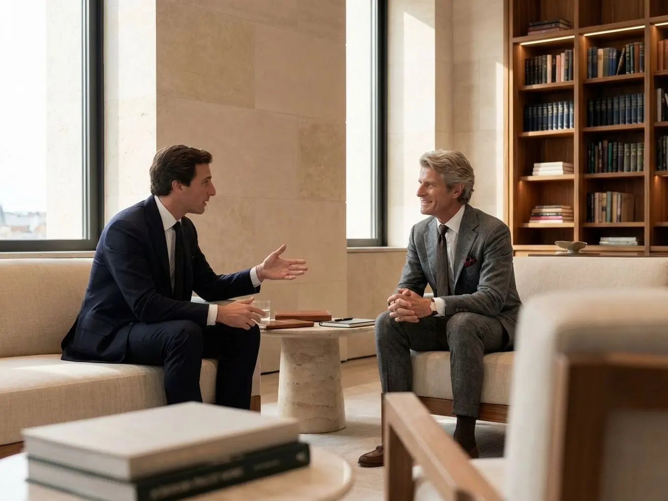 Two men in suits having a conversation in a modern office with bookshelves and large windows, sitting on beige sofas with a table between them.