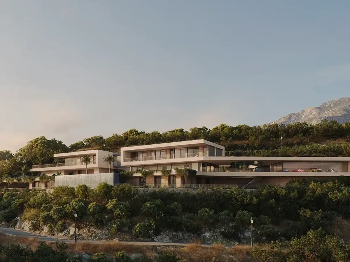 Moderna villa de The Luxury Collection en Marbella con vistas panorámicas a la montaña y piscina al atardecer Imagen generada por IA