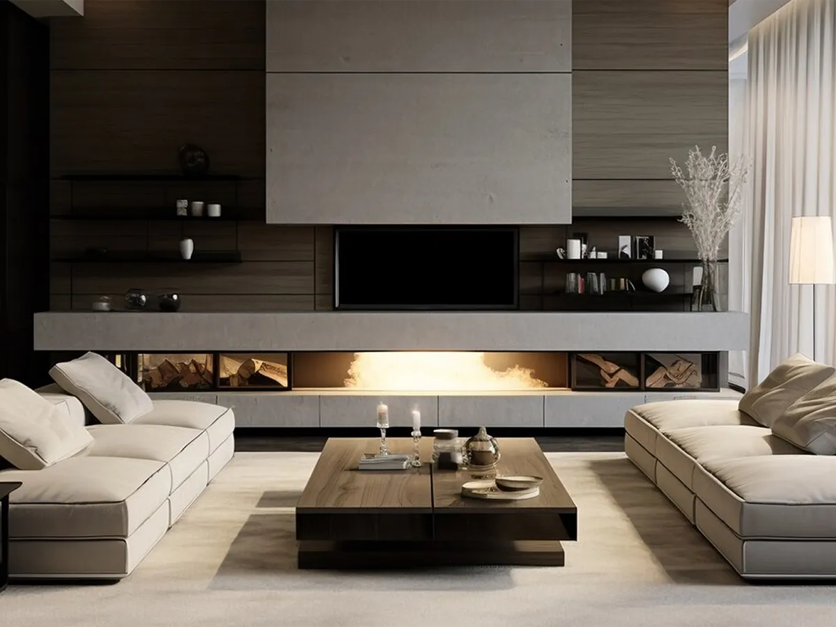 Luxury living room with fireplace and brown sofas