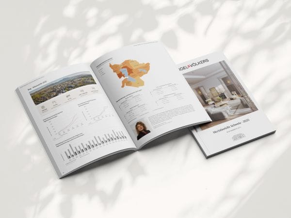 Open print brochure of the residential real estate market report 2025 on a light background