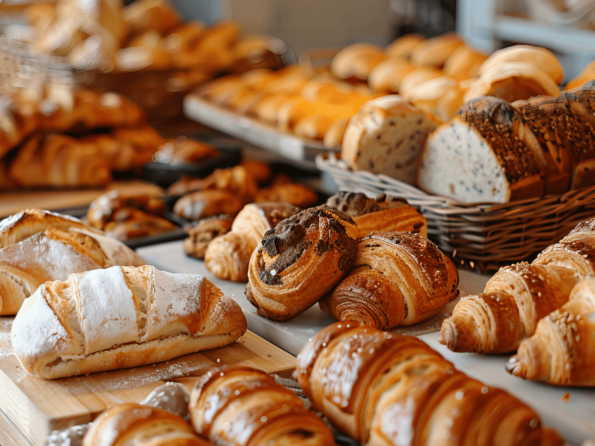 ca. 10 verschiedene süße Backwarensorten in Körben und auf Brettchen