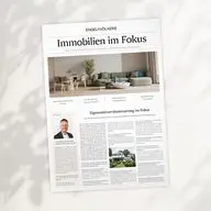 A newspaper titled "Immobilien im Fokus" with articles and images about real estate, featuring a modern living room and a portrait of a person.