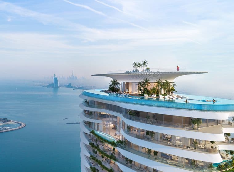 Ein beeindruckendes Render von Como Residences, einem Off-Plan-Projekt in Palm Jumeirah, mit einem Dachpool und Panoramablick auf das Arabische Meer, das Burj Al Arab und die Downtown Dubai.