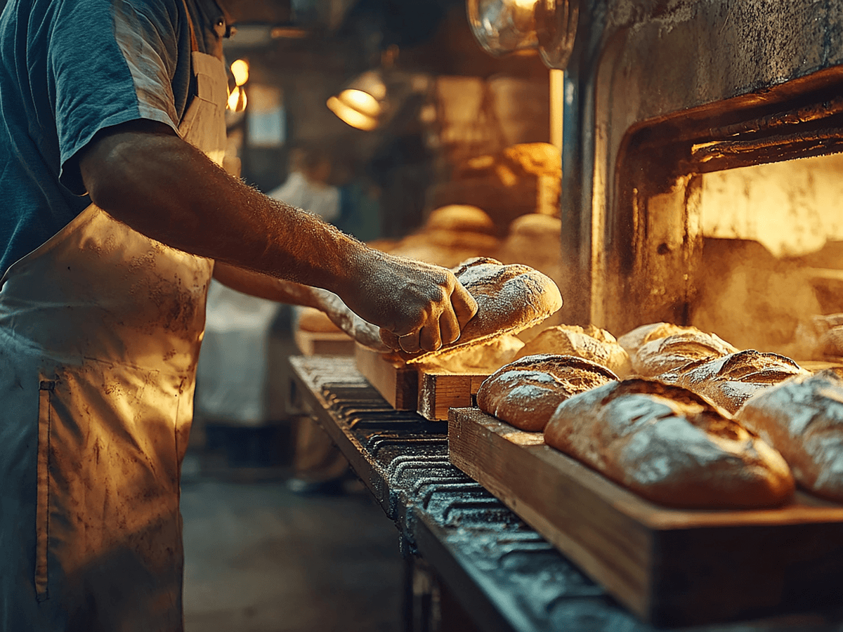 Männerhände halten ein helles Brot direkt vor erleuchtetem gusseisernem Ofen - daneben 6 weitere Brote