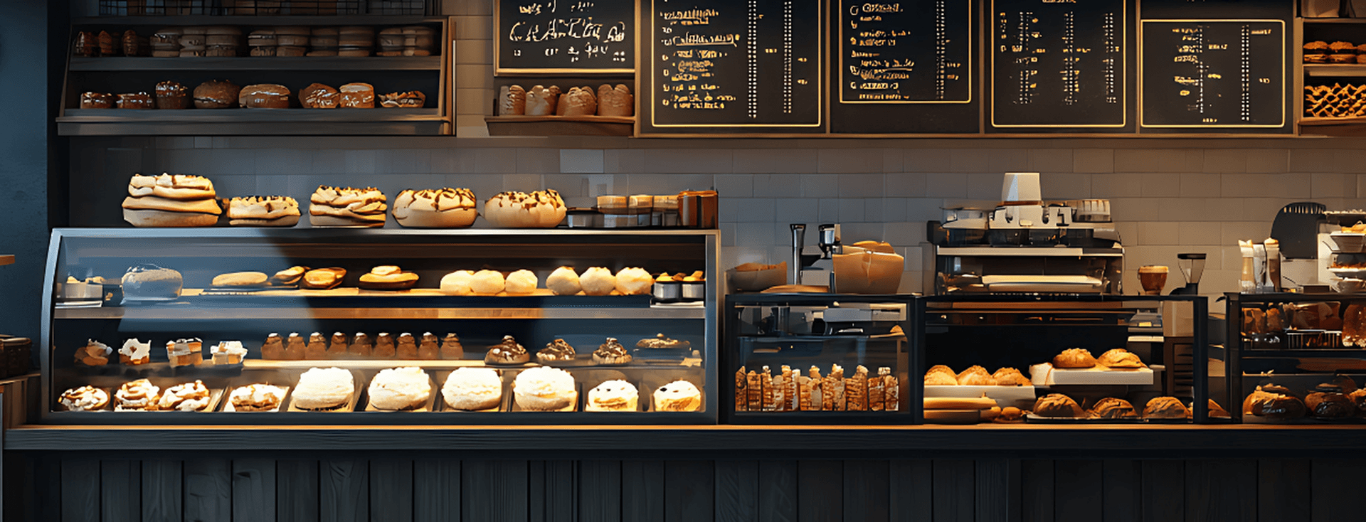 Dunkle Backtheke mit angeleuchteten hellen Backwaren, im Hintergrund schwarze Schilder mit goldenen Rahmen und goldener Schrift