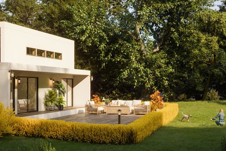 Digitally generated modern two-storey detached house/villa with terrace.