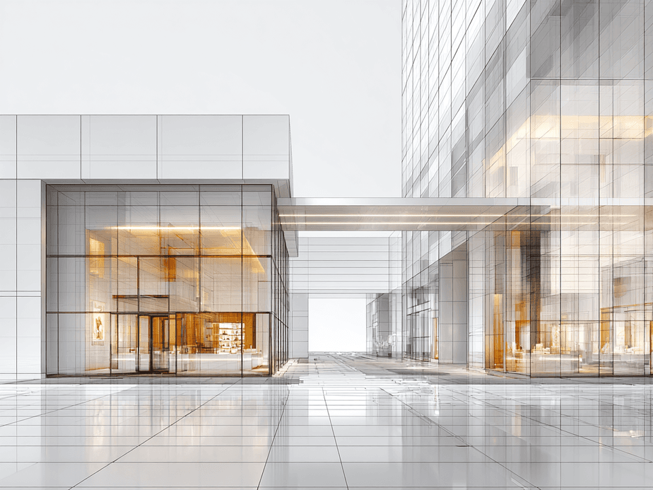 Moderne Architekturvisualisierung eines Glasgebäudes in Berlin mit eleganten Spiegelungen, warmer Innenbeleuchtung und geometrischen Designelementen.