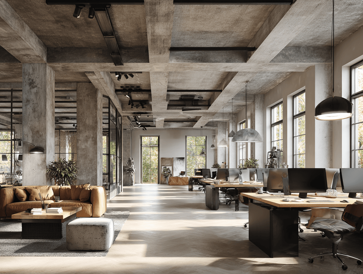 Modern open-plan office with concrete walls, large windows, desks with computers, and a cozy seating area with a brown sofa and plants.