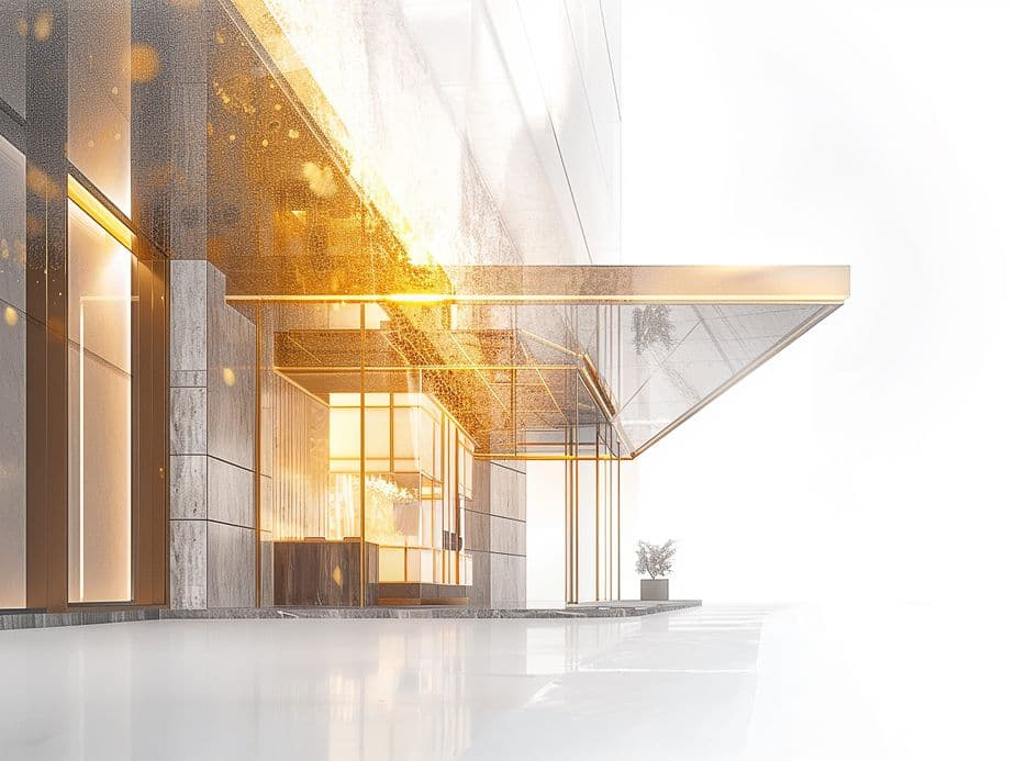 Ein moderner Gebäudeeingang in Berlin mit Akzenten aus Glas und Metall, der von warmem, goldenem Licht beleuchtet wird und eine elegante, futuristische Atmosphäre schafft.
