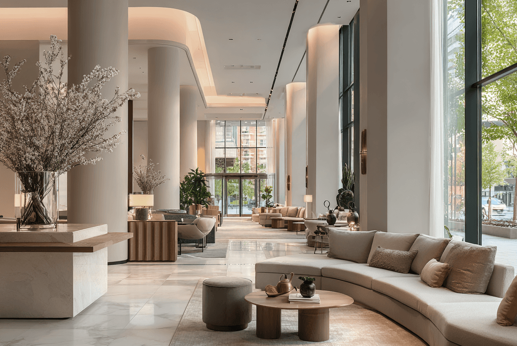 Spacious, modern hotel lobby with curved sofas, tall columns, large windows, and elegant floral arrangements on marble floors.
