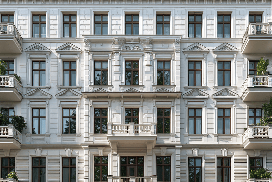 Elegant, white multi-story building with ornate architecture, large windows, and small balconies adorned with greenery.