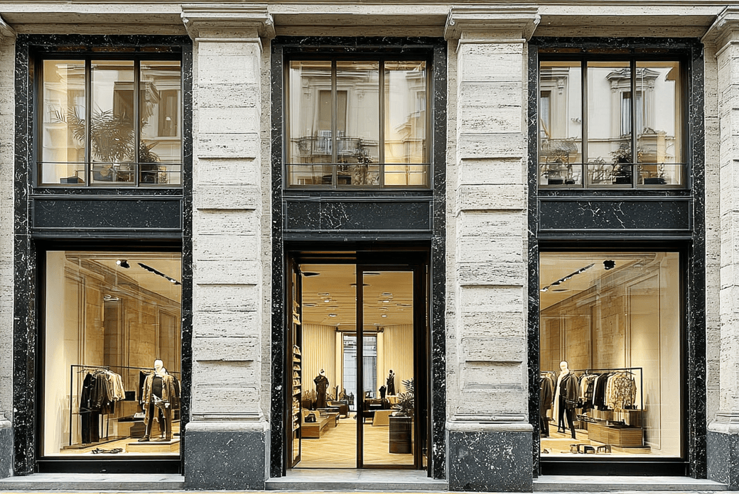 Exterior view of a modern clothing store with large glass windows displaying mannequins and clothing racks, set in a stone building.