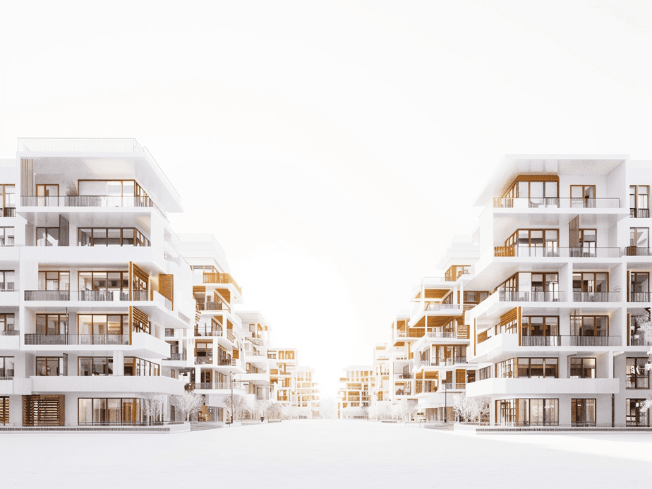 Moderne Berliner Wohnblocks mit großen Fenstern und Balkonen, die sich entlang einer breiten Straße reihen, unter einem strahlend blauen, minimalistischen Himmel.