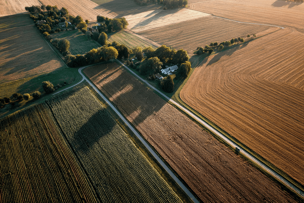 Aerial view of expansive farmland with fields in various stages of growth, intersected by a narrow road and bordered by scattered trees.