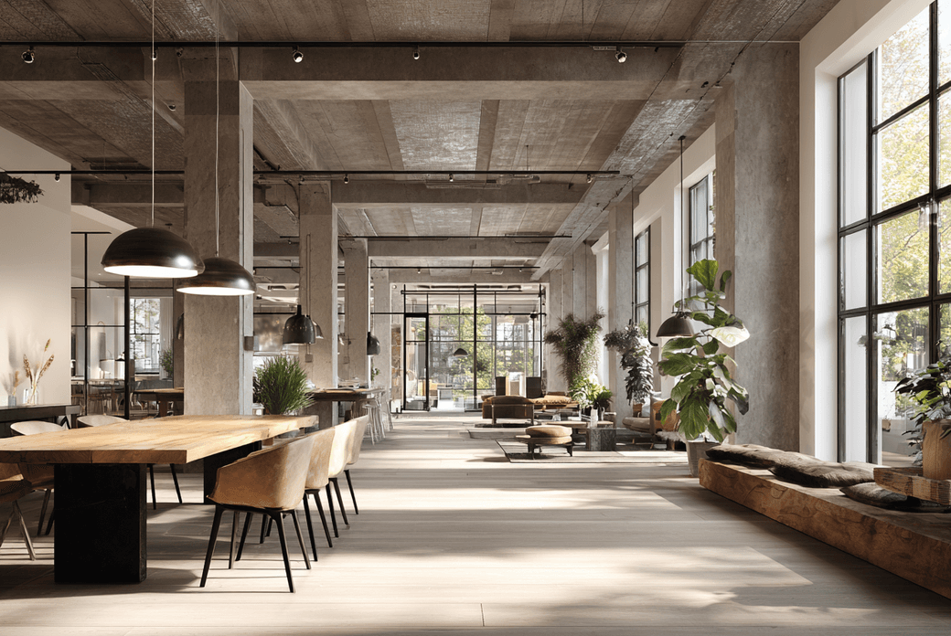Spacious modern office interior with wood tables, leather chairs, large windows, concrete beams, and lush plants, bathed in natural light.