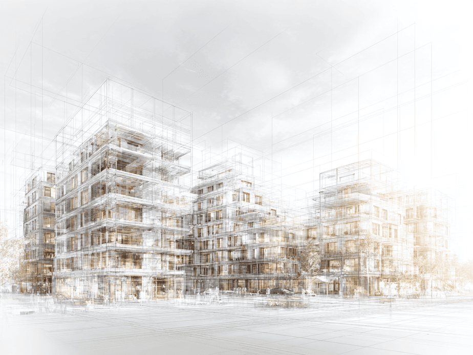 Architektonische Skizze moderner Wohnhochhäuser in Berlin, bei der Linien und Strukturen vor einem hellen Himmel durch einen halbtransparenten Effekt hervorgehoben werden.