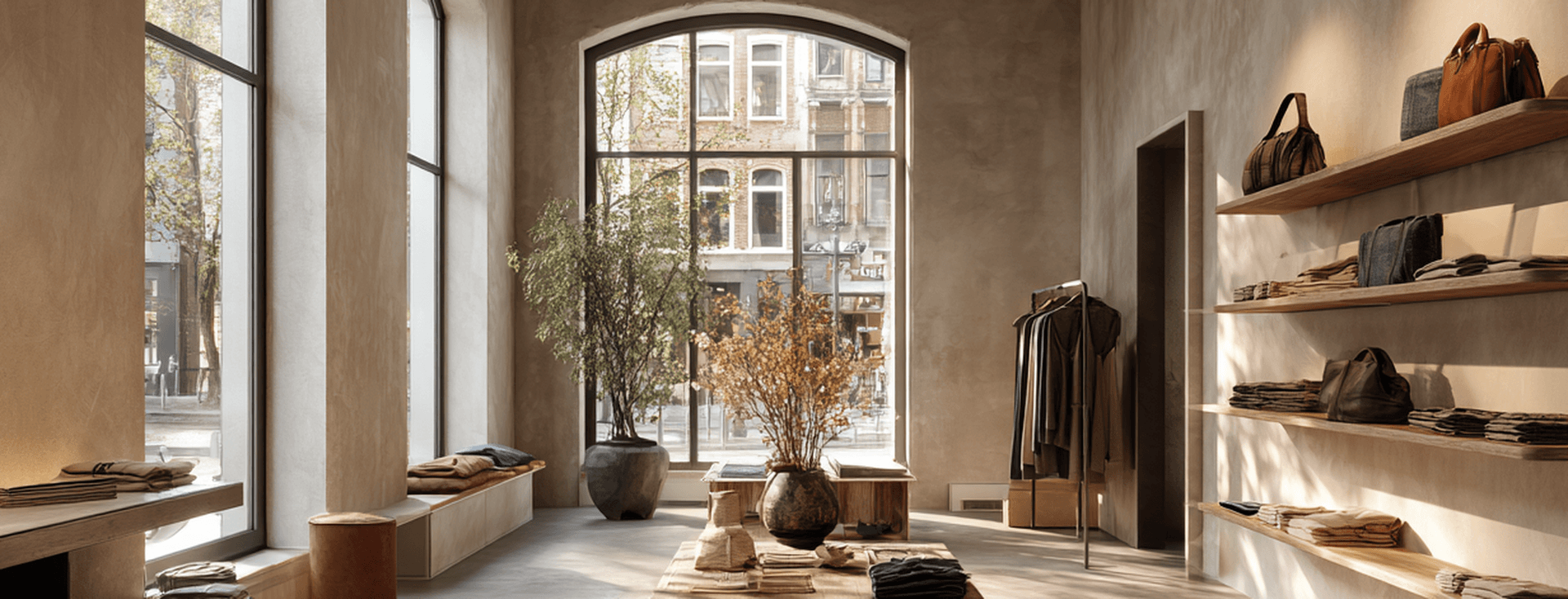 Minimalist boutique interior with large arched windows, wooden shelves displaying bags, and a central table with plants and folded clothes.